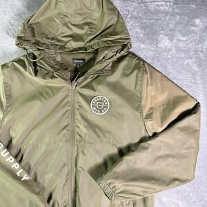 Brixton Supply Windbreaker Jacket Olive Green Logo Patch Hooded Mens Medium